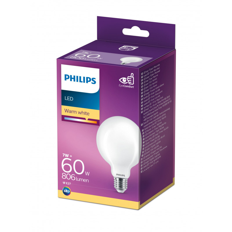 Philips LED Classic 60W G93 E27 šiltai balta matinė nepritemdoma rutulinė lemputė