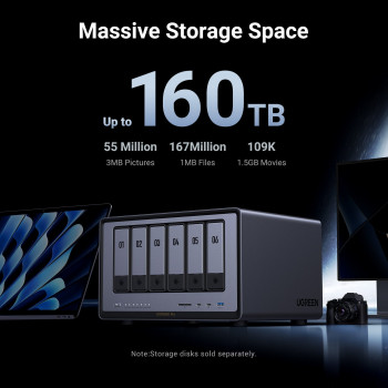 Ugreen NASync DXP6800 Pro 6 dėžių NAS sistema, Intel Core i5-1235U, 8GB DDR5, 2x10GbE + 2x2.5GbE, 2xM.2 NVMe, 2xUSB3.2 Gen2, HDMI, PCIe 4.0 25899