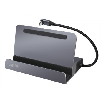 LogiLink UA0408 USB-C doko stotis su planšetinio kompiuterio laikikliu, HDMI 4K@60Hz, 100W PD, Gigabit Ethernet, sidabrinė