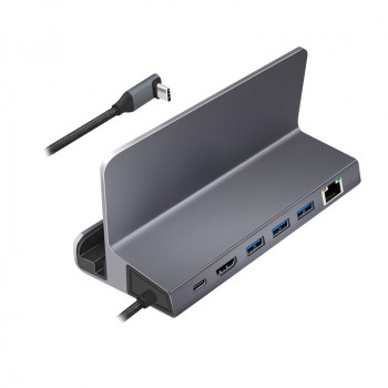 LogiLink UA0408 USB-C doko stotis su planšetinio kompiuterio laikikliu, HDMI 4K@60Hz, 100W PD, Gigabit Ethernet, sidabrinė
