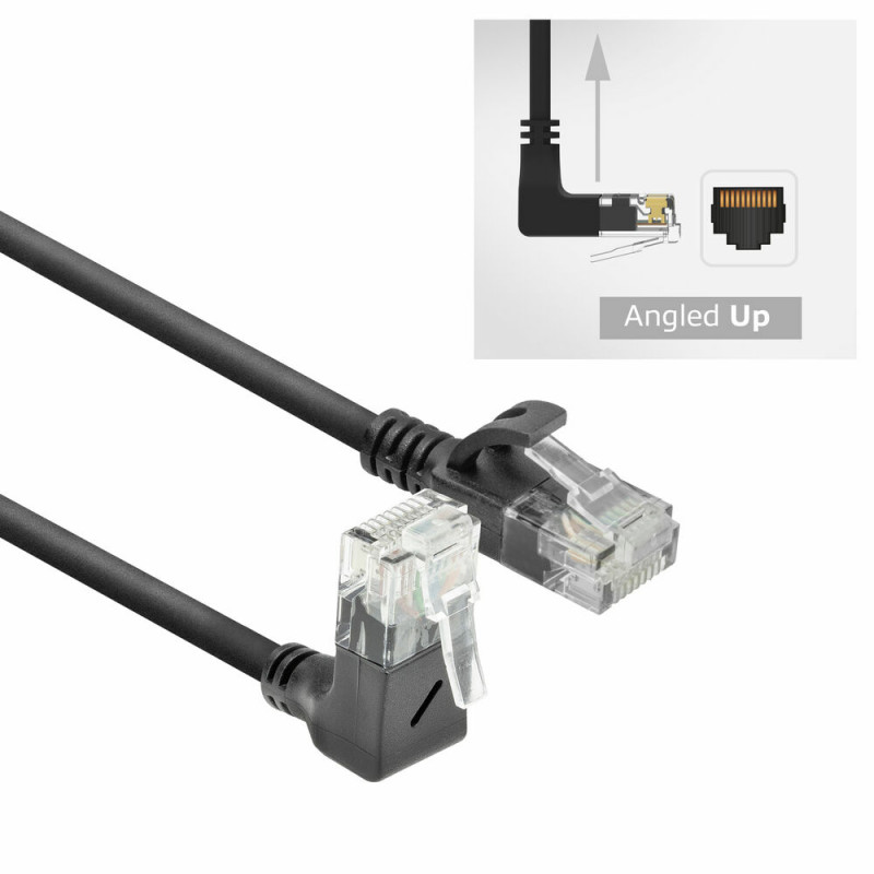 ACT DC4901 1m CAT6A U/UTP LSZH Slimline tinklo kabelis, juodas, RJ45 90° į viršų – tiesus