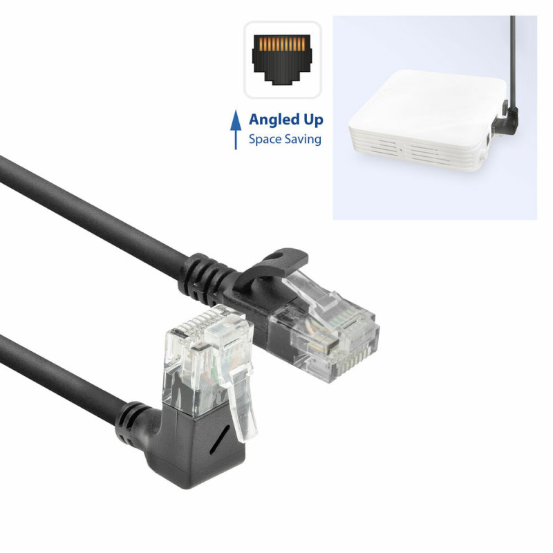 ACT DC4901 1m CAT6A U/UTP LSZH Slimline tinklo kabelis, juodas, RJ45 90° į viršų – tiesus