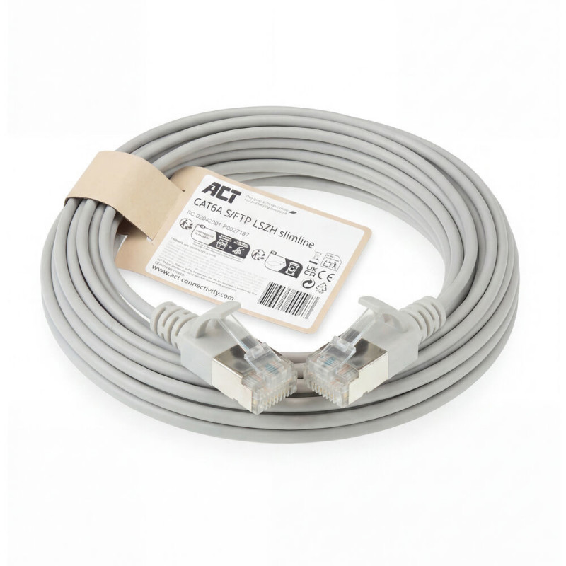 ACT pilkas 4m LSZH S/FTP CAT6A slimline tinklo kabelis su snagless RJ45 (DB7004)