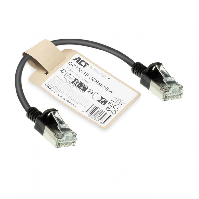 ACT juodas 0,25 m LSZH S/FTP CAT7 slimline tinklo kabelis su užkabinimo apsauga ir RJ45 jungtimis (DF7952)