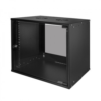 LogiLink 19 colių sieninis spintelė ECO 9U, 550mm gylio, stiklinėmis durelėmis, juoda RAL 9005, iš anksto surinkta W09C55B