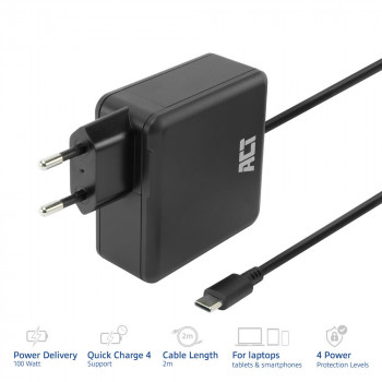 ACT USB-C nešiojamojo kompiuterio sieninis įkroviklis 100W su Power Delivery profiliais, 2 m (AC2015)