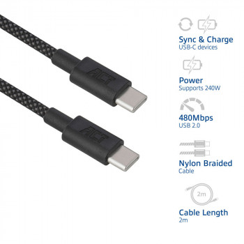 ACT USB 2.0 240W įkrovimo/duomenų kabelis USB-C į USB-C, juodas, 2 m (AC3087)