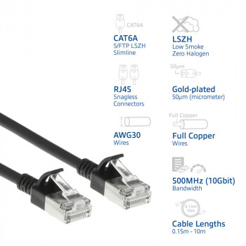 ACT juodas 3m LSZH S/FTP CAT6A plonas komutacinis kabelis be užkabinimo su RJ45 jungtimis (DB7903)