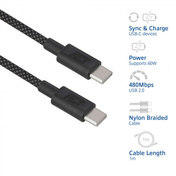 ACT USB 2.0 60W įkrovimo/duomenų kabelis USB-C į USB-C, juodas, 1 metro (AC3082)