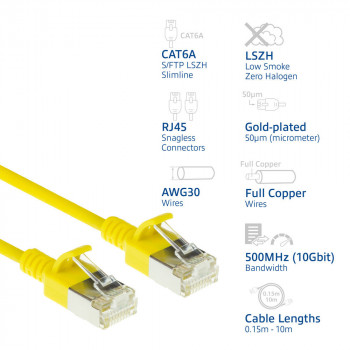 ACT geltonas 1 m LSZH S/FTP CAT6A slimline tinklo kabelis su snagless RJ45 (DB7801)