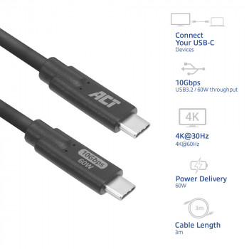 ACT USB-C į USB-C kabelis 1m 5Gbps 60W PD 4K vaizdas - juodas AC7443