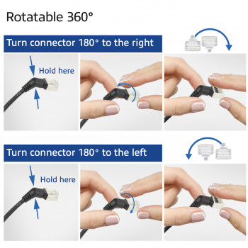 ACT DD1900 juodas 0,5 m U/FTP CAT6A slimline tinklo kabelis su kampuotais 360° pasukamais RJ45 jungtimis