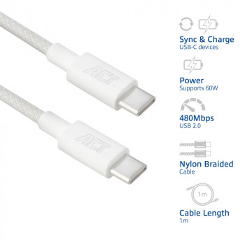 ACT USB 2.0 60W įkrovimo ir duomenų perdavimo kabelis USB-C į USB-C, baltas, 1 m (AC3080)