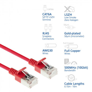 ACT raudonas 0,5 m LSZH S/FTP CAT6A slimline tinklo kabelis su snagless RJ45 (DB7500)