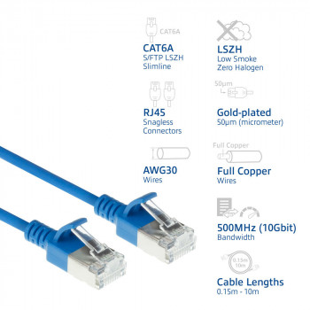 ACT Blue 0,25 m LSZH S/FTP CAT6A Slimline tinklo kabelis su RJ45 jungtimis (DB7652)