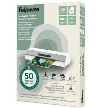 Fellowes laminavimo kišenės A6 blizgios 160 mikronų, 100 vnt. pakuotė - 50% perdirbtos medžiagos 100143441