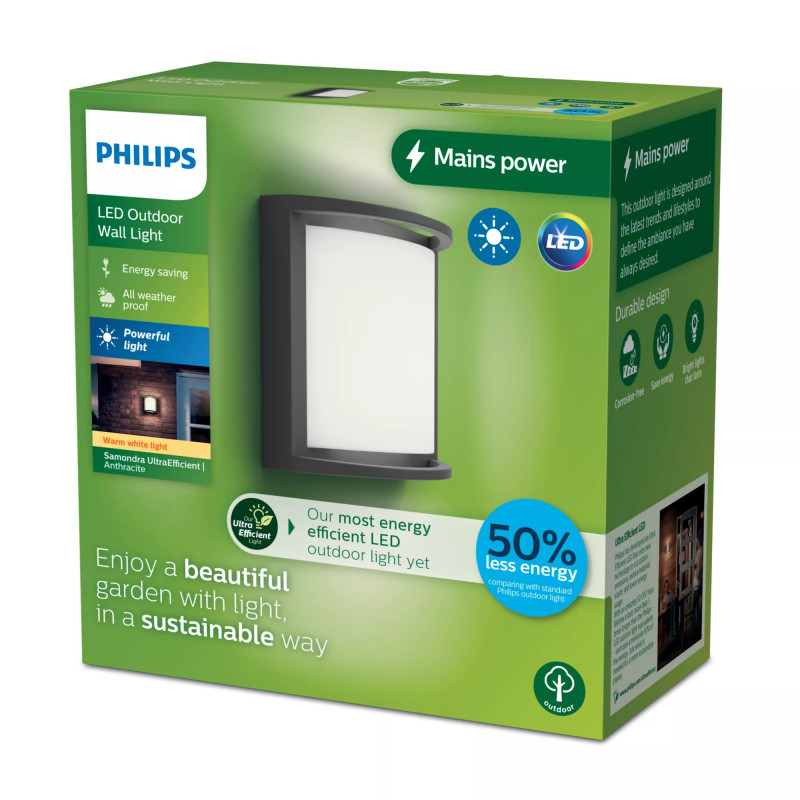 Philips Outdoor Ultra-Efficient Samondra sieninė šviestuvas 3.8W, 2700 Kelvinų, antracito spalvos