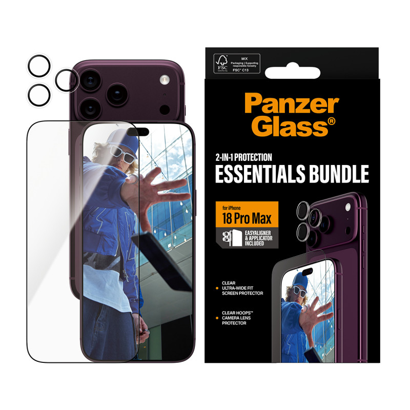 PanzerGlass 2-in-1 Essentials rinkinys: ekrano apsauga ir kameros lęšių apsauga iPhone 18 Pro Max