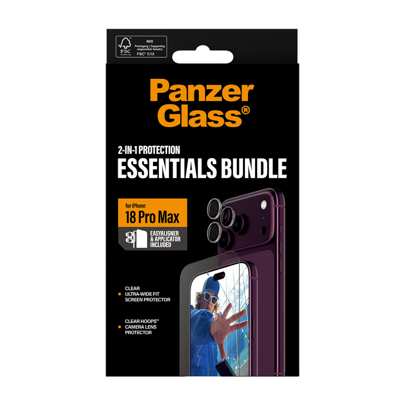 PanzerGlass 2-in-1 Essentials rinkinys: ekrano apsauga ir kameros lęšių apsauga iPhone 18 Pro Max
