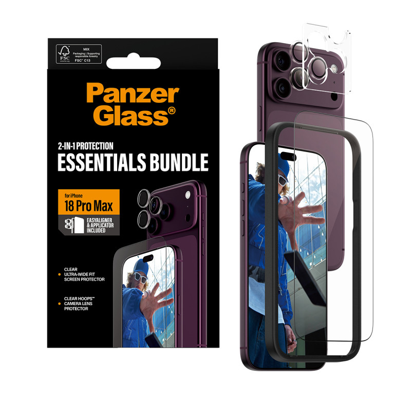 PanzerGlass 2-in-1 Essentials rinkinys: ekrano apsauga ir kameros lęšių apsauga iPhone 18 Pro Max