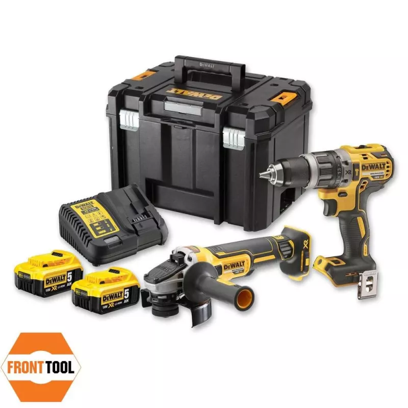 DeWALT DCK2080P2T-QW kombinuotas įrankių rinkinys — 18V Li‑Jon 5Ah (2x), šlifuoklis DCG405, gręžtuvas/suktuvas, M14 šlifavimo diskas, dėklas