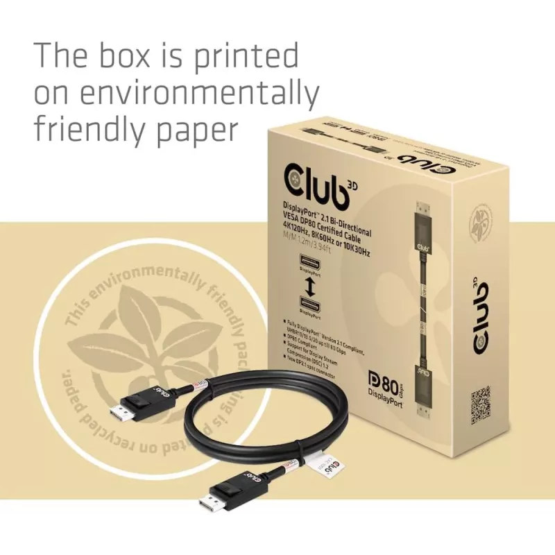 CLUB3D DisplayPort 2.1 dvipusis VESA DP80 sertifikuotas kabelis 4K240Hz, 8K60Hz arba 10K30Hz M/M 1,2 m