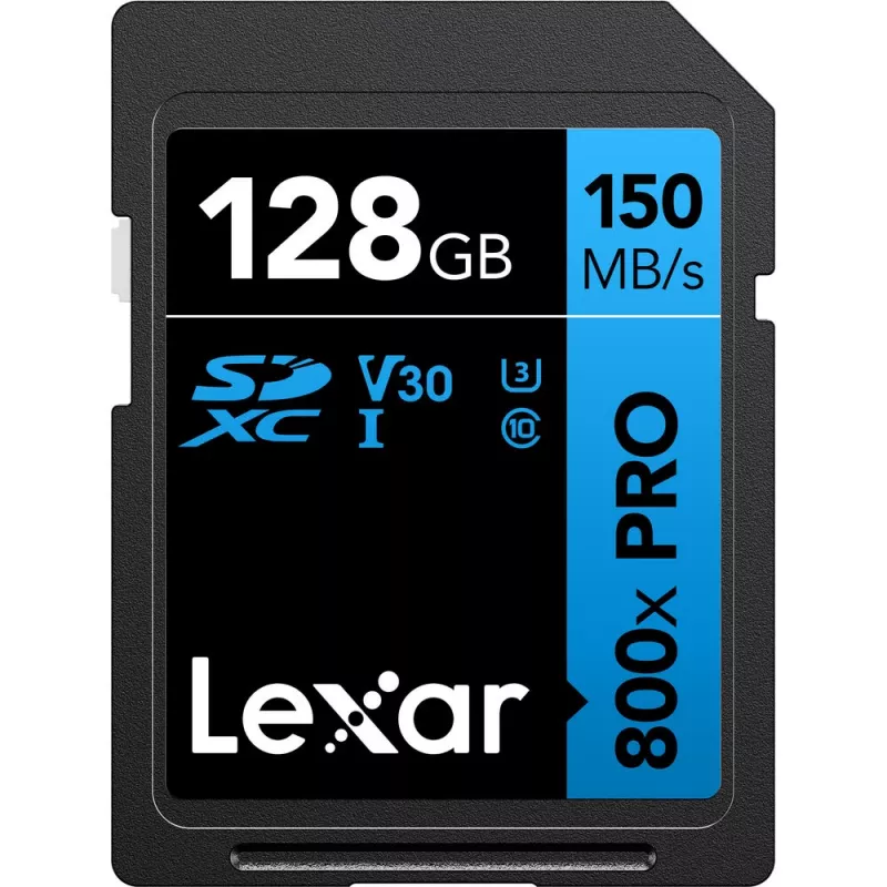 SDXC atminties kortelė Lexar 128GB UHS-I 800xPRO Class 10 U3 V30 — 150 MB/s skaitymas, 45 MB/s rašymas, juoda