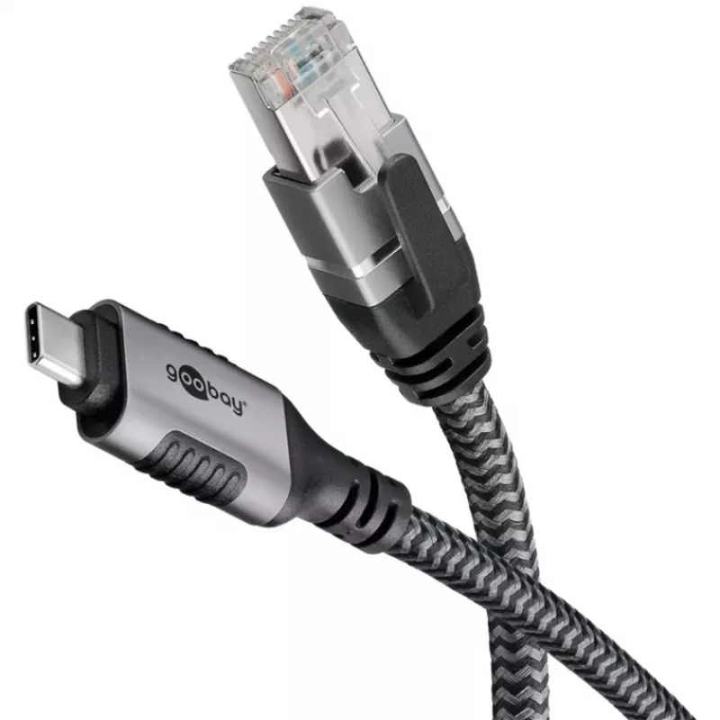 Ethernet laidas USB-C 3.2 Gen2 kištukas > RJ-45 kištukas, LAN adapteris juodas/sidabrinis, 2 metrai, pintas tekstilinis apvalkalas