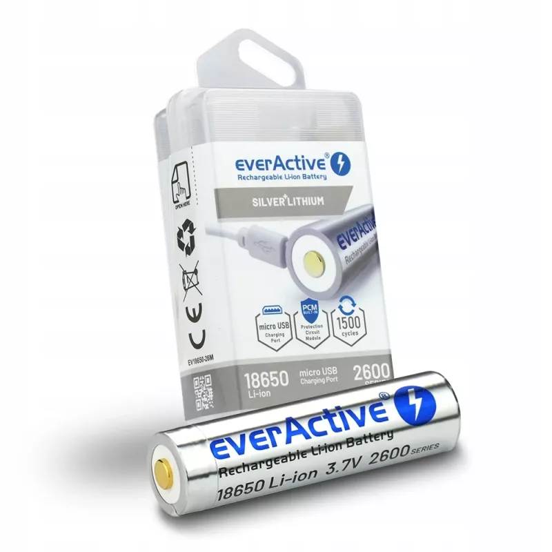 Baterija everActive 18650 3.7V Li-ion 2600mAh su micro USB ir apsauga DĖŽUTĖJE