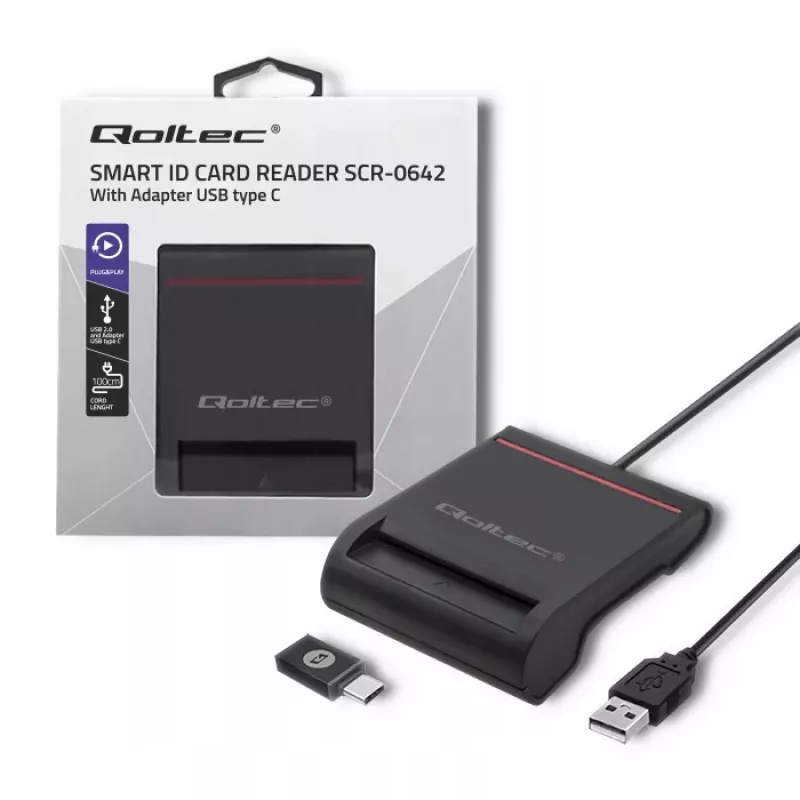 ID kortelių skaitytuvas QOLTEC Smart chip ID card scanner – USB, juodas, 84,5×65×16 mm, 63 g