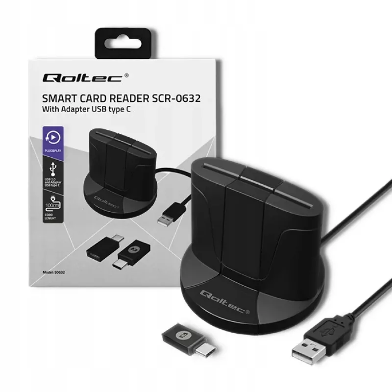 Qoltec 50632 USB 2.0 juodas kortelių skaitytuvas su 1 m laidu