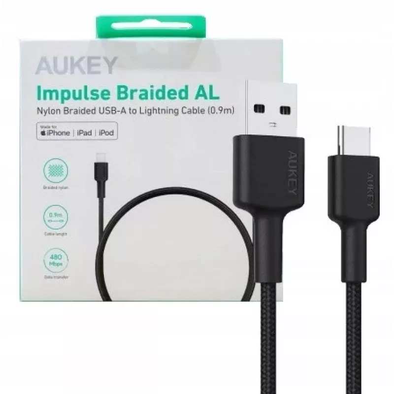 AUKEY CB-CD30 USB-A–USB-C kabelis 0,9 m, nailoninis pynimas, 60W PD, 3A, juodas