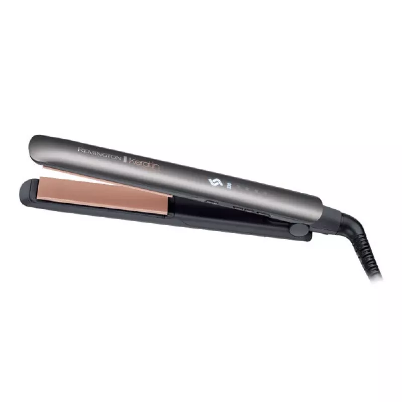 Tiesintuvas Remington S8598 Warm Black Grey – keraminės plokštelės 11 cm, 5 temperatūros lygiai, 160–230°C, 3 m laidas, kelioninis dėklas