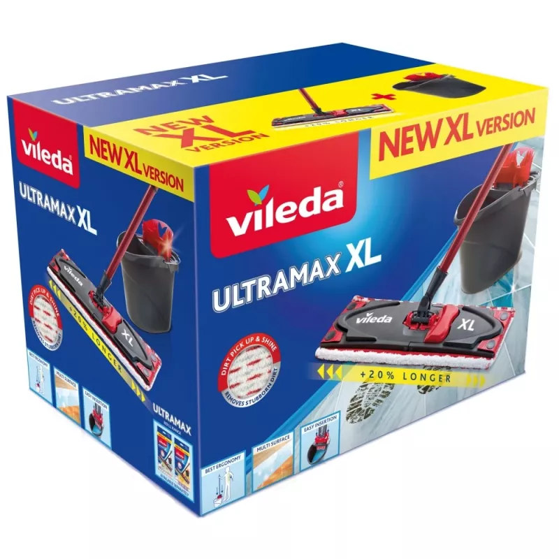 VILEDA Ultramax XL Box šluota su mikropluošto antgaliu, 360° sukama galvutė, sulankstoma, kietoms grindims