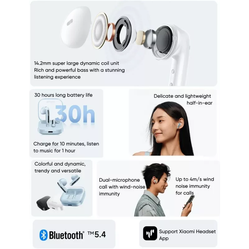Belaidės ausinės į ausis Xiaomi Buds 6 Active — Baltos, intraauralinės, 0,036 kg, Bluetooth atstumas iki 10 m