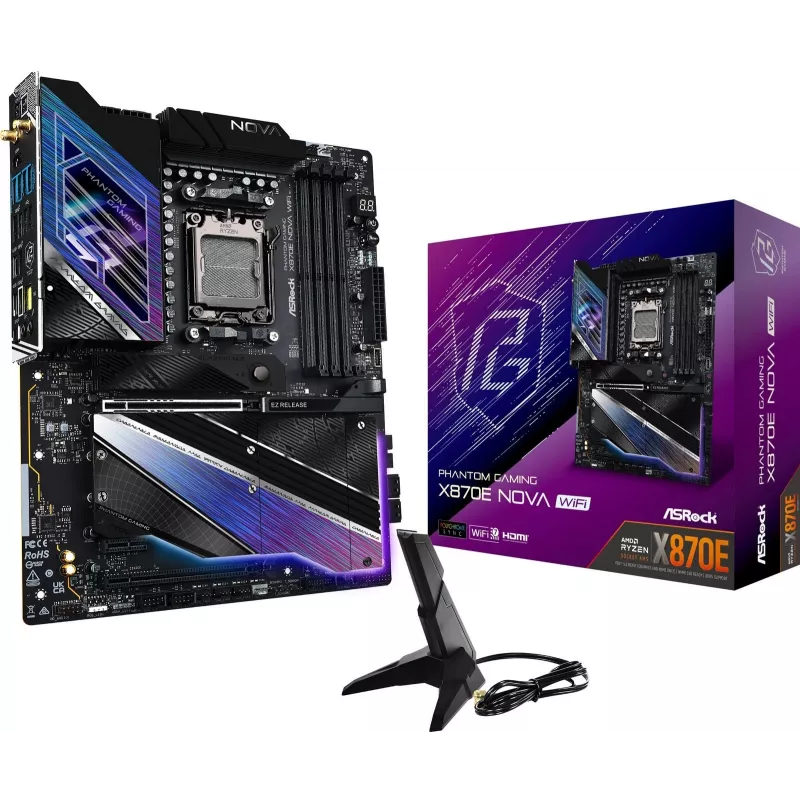 Motininė plokštė ASROCK X870E NOVA WIFI, AMD X870E, Socket AM5, ATX, DDR5, 4x DIMM, 256GB, Wi‑Fi 7, BT 5.4, 5Gb LAN, PCIe Gen5 M.2
