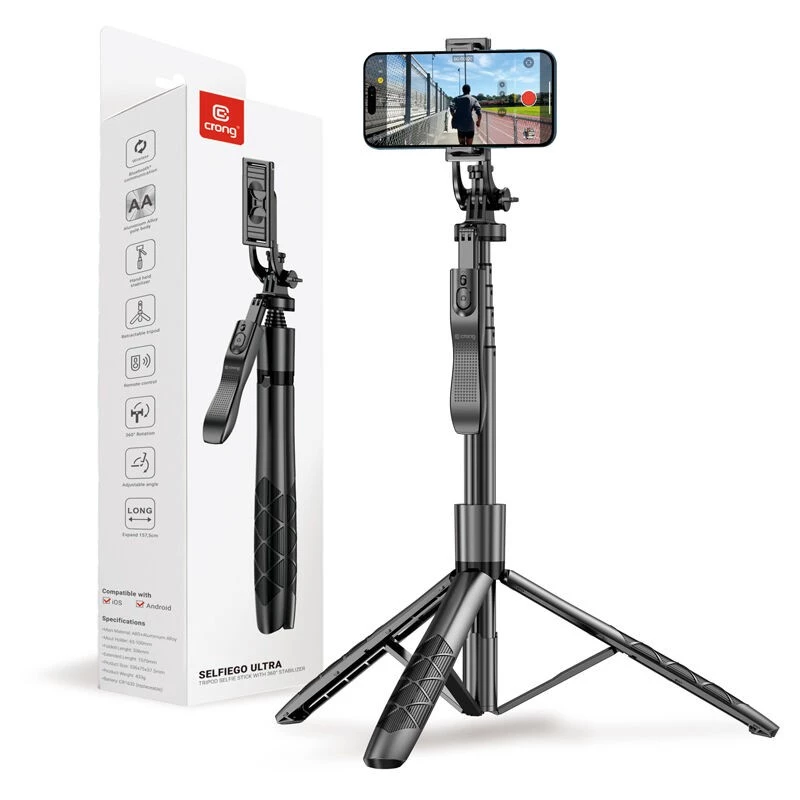Tripod lazdelė asmenukėms Crong CRGSGU1BLK aliuminė su Bluetooth nuotolinio valdymo pultu, sulankstomomis kojelėmis ir telefono laikikliu