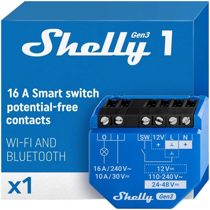 Shelly 1 Gen3 išmanusis Wi-Fi relės valdiklis su sausu kontaktu 16A
