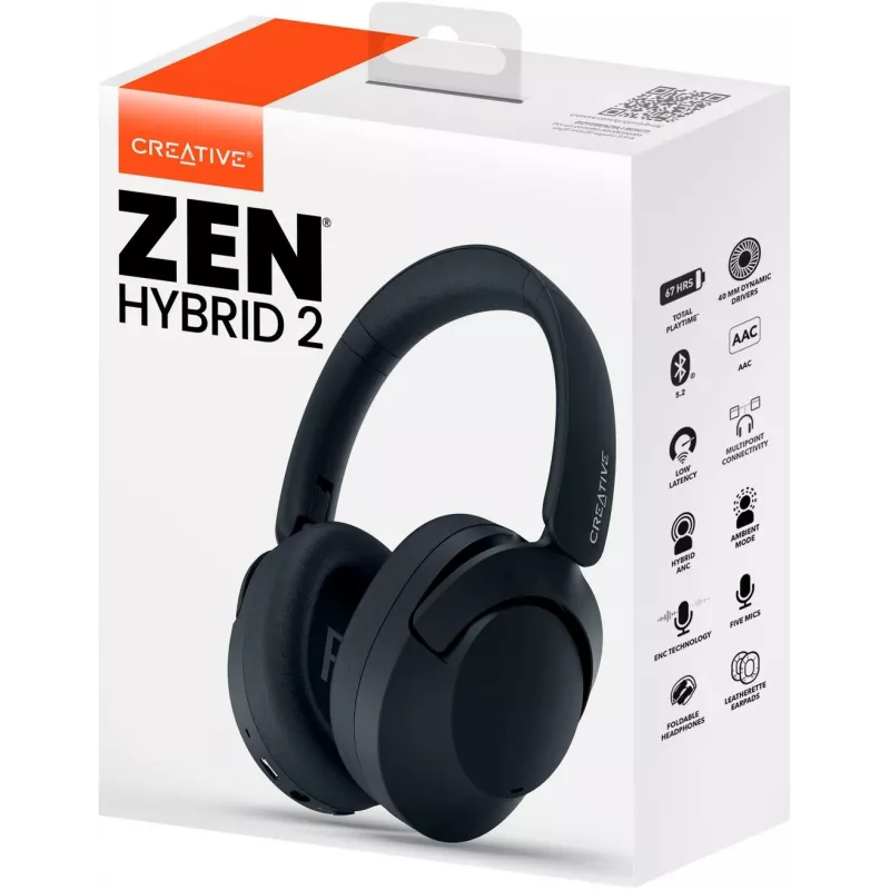Ausinės Creative Labs Zen Hybrid 2 – laidinės ir belaidės, ausinė juosta, skambučiai/muzika, USB Type-C, Bluetooth, juodos