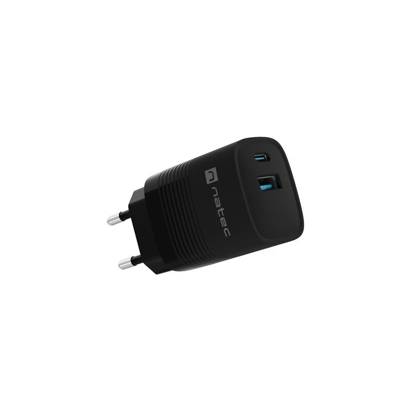 NATEC NUC-2141 laidinis mobiliojo įrenginio įkroviklis, 30W, USB-C PD 3.0 + USB-A QC 3.0, 110–240V, juodas