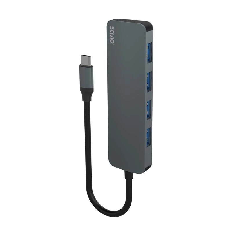 USB šakotuvas SAVIO AK-54 — 4× USB-A (USB 3.2 Gen 1), USB-C jungtis, juodas