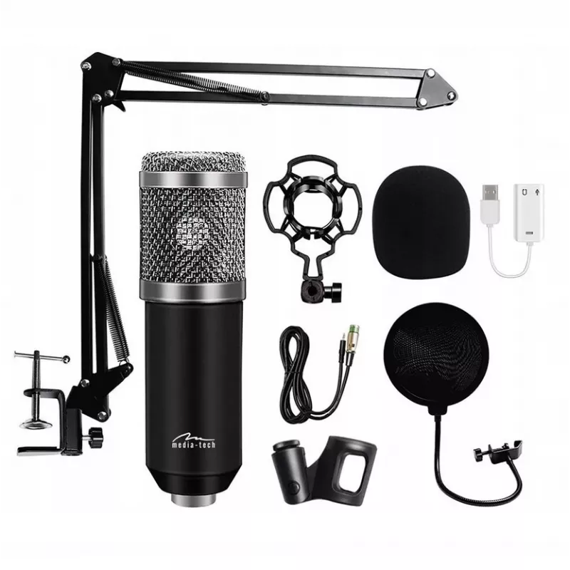 Mikrofonas MEDIA-TECH MT397S – laidinis, XLR jungtis, 20–20000 Hz, 150 Ω, -32 dB, 2,4 m laidas, stalinis stovas, juodas