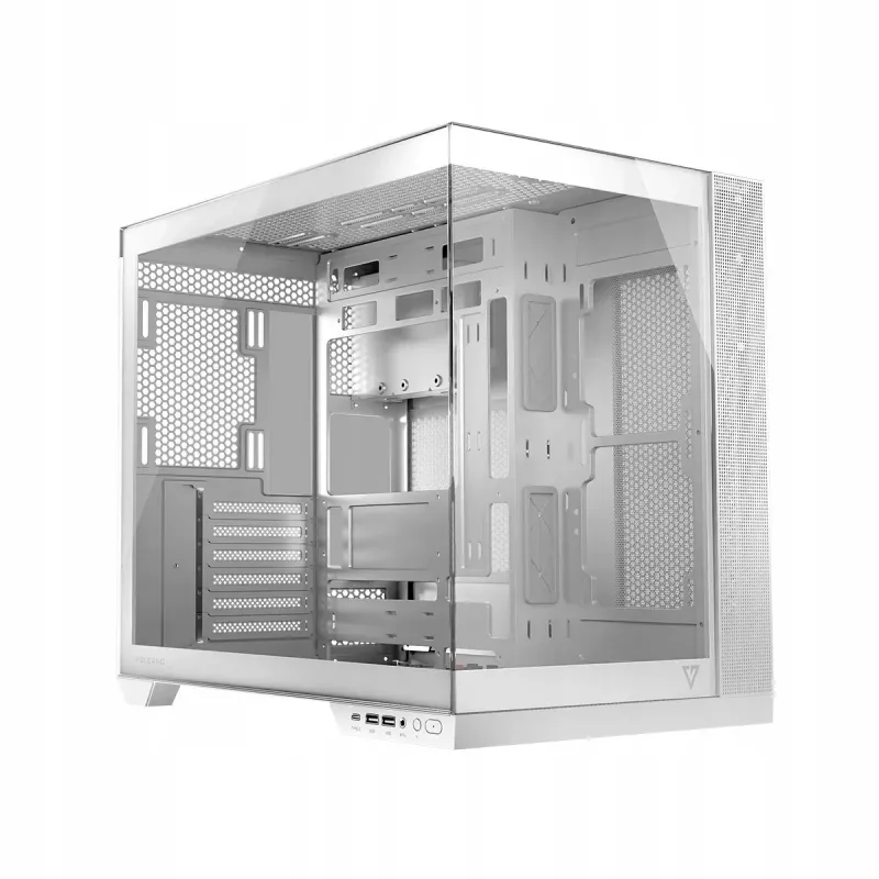PC korpusas MODECOM Volcano Panorama Midi Tower baltas – micro ATX, grūdintas stiklas, ARGB, USB-C, palaiko GPU iki 400 mm