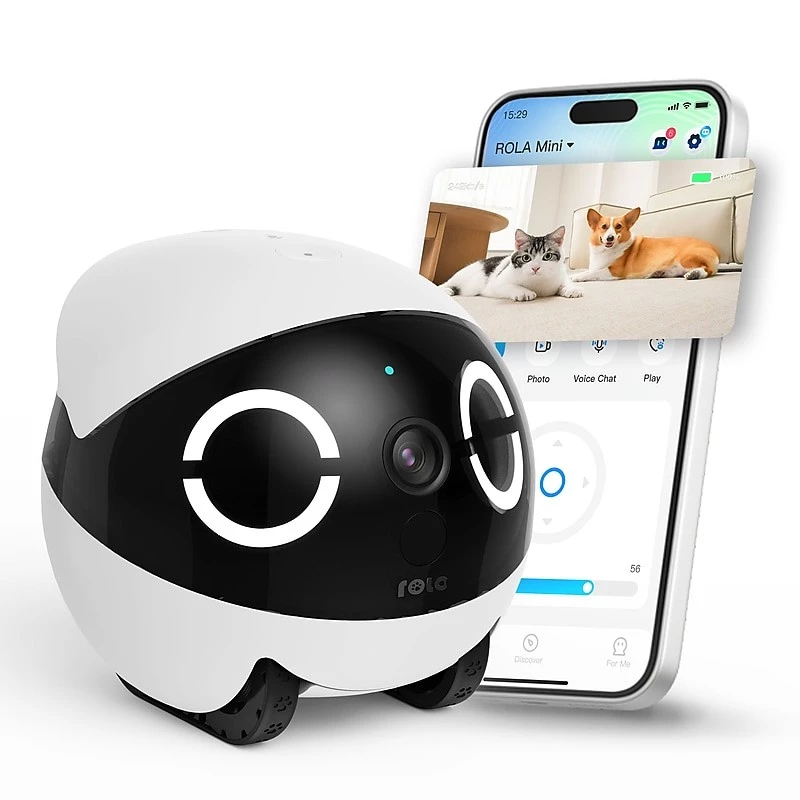 Robotinis augintinio monitorius Enabot Rola Mini — Wi‑Fi, 5000 mAh baterija, 3 MP, 137° matymo laukas, balta/juoda