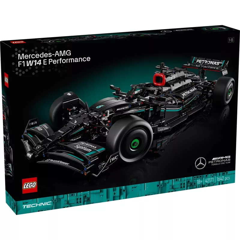 LEGO Technic modelis Mercedes‑AMG F1 W14 E Performance — 1 432 detalės, rekomenduojamas amžius 18+