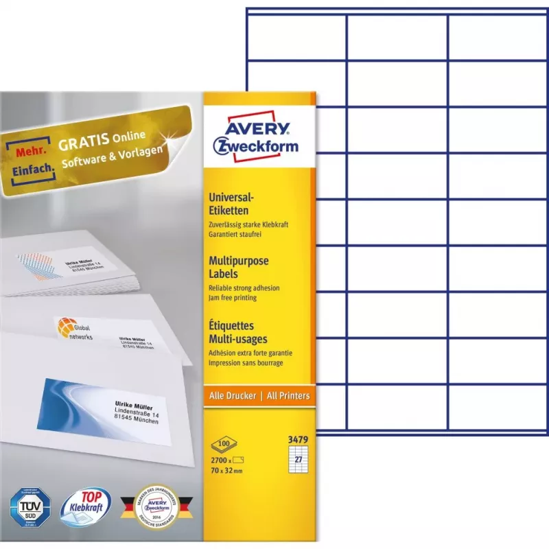 Etiketės Avery-Zweckform 3479 balto popieriaus 70x32mm nuolatiniai klijai