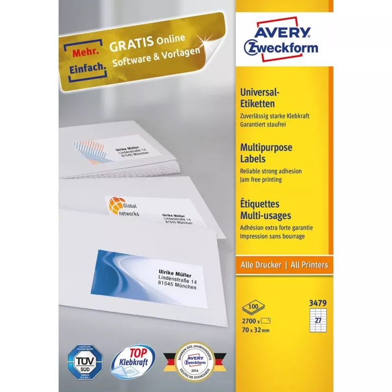Etiketės Avery-Zweckform 3479 balto popieriaus 70x32mm nuolatiniai klijai