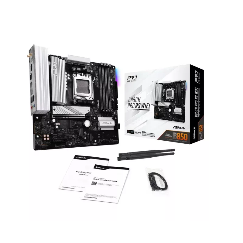 Pagrindinė plokštė ASRock B850M Pro RS WiFi — AMD B850, Socket AM5, microATX, DDR5, 4 DIMM, 256GB, Wi‑Fi 6E, 2.5Gb LAN, 3x M.2