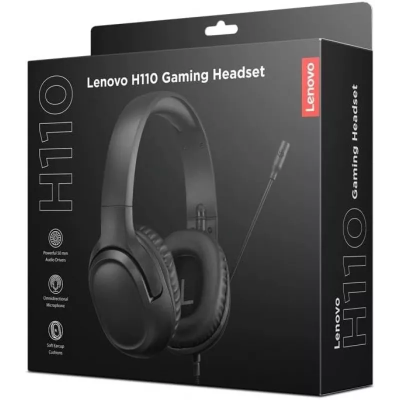 Ausinės Lenovo H110 Gaming, laidinės, binauralinės, 3,5 mm, 1,8 m kabelis, 50–20 000 Hz, 110 dB, 32 Ω, juodos