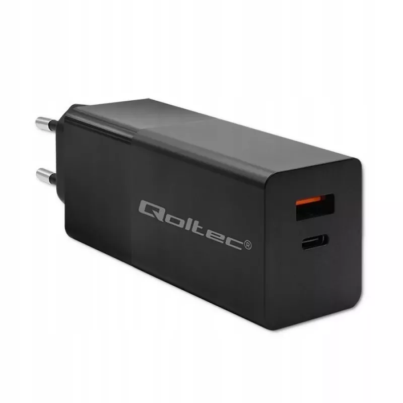 Qoltec 52382 GaN POWER PRO įkroviklis | 1xUSB Type-C | 1xUSB A | 100W | 5-20V | 1.5-5A | PD | Juodas